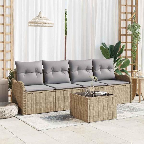 ARDEBO.de - 5-teiliges Garten Sofa Set mit Kissen Beige Poly Rattan, 2-Sitzer Garten Sofa mit Kissen Beige Poly Rattan