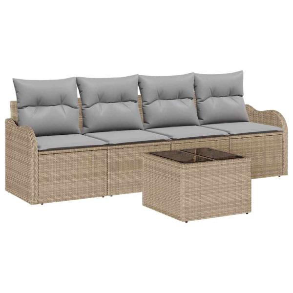 5-teiliges Garten Sofa Set mit Kissen Beige Poly Rattan, 2-Sitzer Garten Sofa mit Kissen Beige Poly Rattan