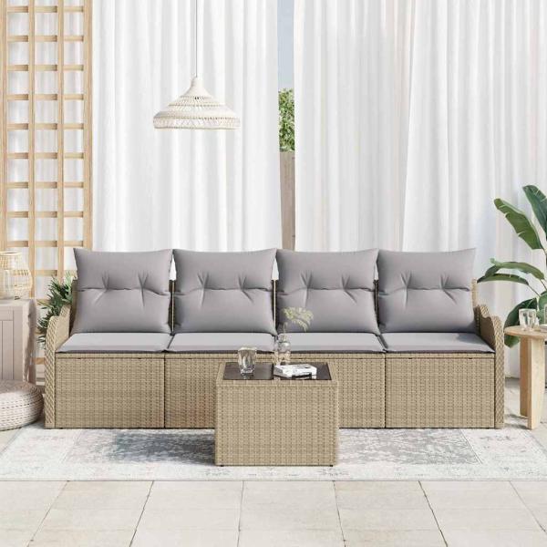 5-teiliges Garten Sofa Set mit Kissen Beige Poly Rattan, 2-Sitzer Garten Sofa mit Kissen Beige Poly Rattan