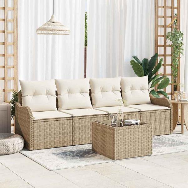 ARDEBO.de - 5-teiliges Garten Sofa Set mit Kissen Beige Poly Rattan, 2-Sitzer Garten Sofa mit Kissen Beige Poly Rattan