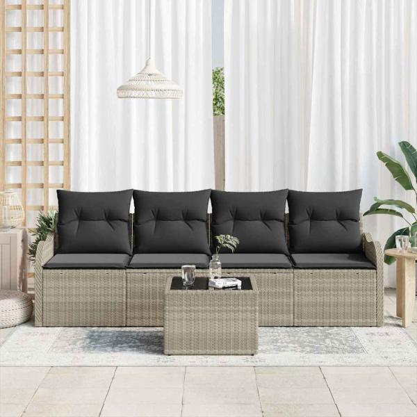 5-teiliges Garten Sofa Set mit Kissen Hellgrau Poly Rattan, 2-Sitzer Garten Sofa mit Kissen Hellgrau Poly Rattan