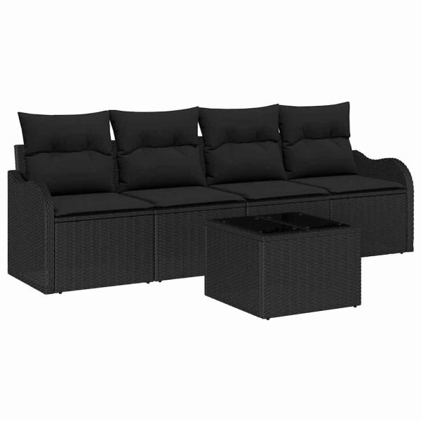 5-teiliges Garten Sofa Set mit Kissen Schwarz Poly Rattan, 2-Sitzer Garten Sofa mit Kissen Schwarz Poly Rattan