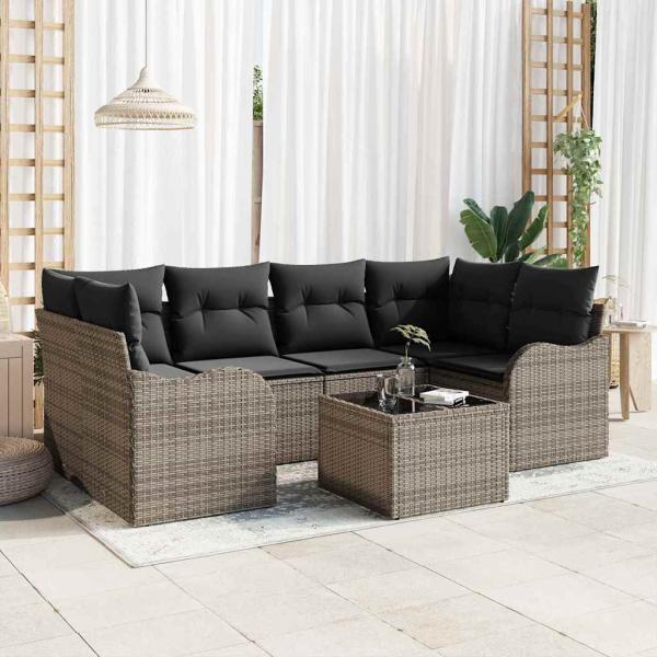 ARDEBO.de - 7-teiliges Garten-Sofa-Set mit Kissen Grau Poly Rattan, 2-Sitzer Garten-Sofa mit Kissen Grau Poly Rattan