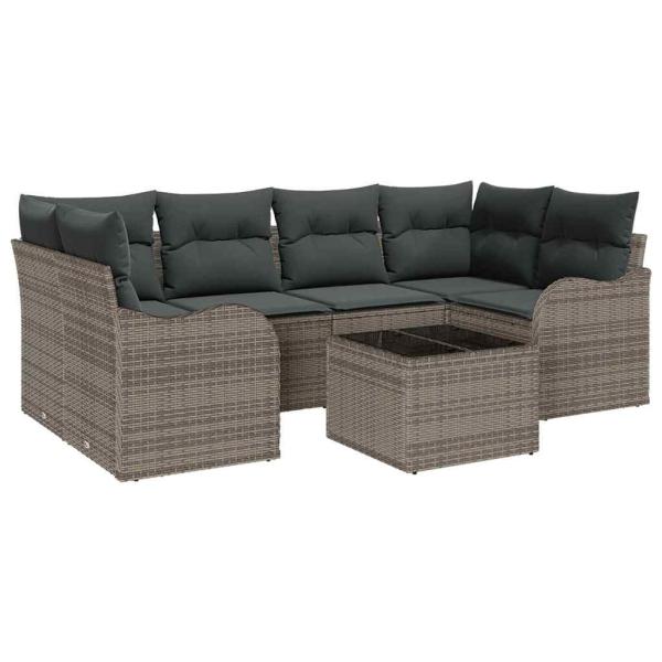 7-teiliges Garten-Sofa-Set mit Kissen Grau Poly Rattan, 2-Sitzer Garten-Sofa mit Kissen Grau Poly Rattan