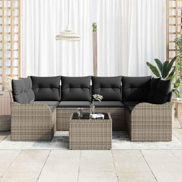 7-teiliges Garten-Sofa-Set mit Kissen Grau Poly Rattan, 2-Sitzer Garten-Sofa mit Kissen Grau Poly Rattan