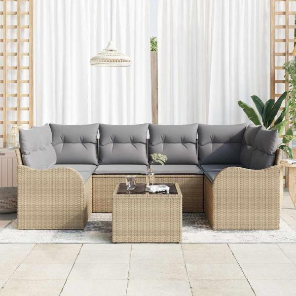 7-teiliges Garten Sofa Set mit Kissen - Beige Poly Rattan, 2-Sitzer Garten Sofa mit Kissen - Beige Poly Rattan