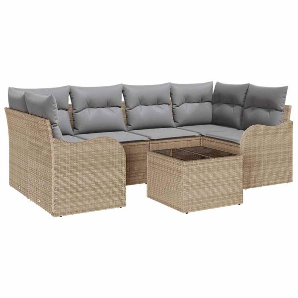7-teiliges Garten Sofa Set mit Kissen - Beige Poly Rattan, 2-Sitzer Garten Sofa mit Kissen - Beige Poly Rattan