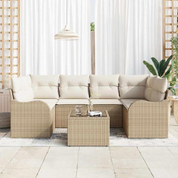 ARDEBO.de - 7-teiliges Garten Sofa Set mit Kissen Beige Poly Rattan, 2-Sitzer Garten Sofa mit Kissen Beige Poly Rattan