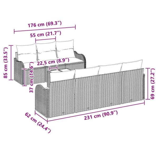 8-teiliges Garten-Sofa Set mit Kissen Schwarz Poly Rattan, 2-Sitzer Garten-Sofa mit Kissen Schwarz Poly Rattan