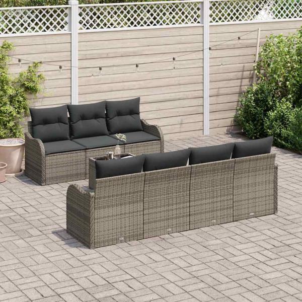 8-teiliges Garten Sofa Set mit Kissen Grau Poly Rattan, 2-Sitzer Garten Sofa mit Kissen Grau Poly Rattan