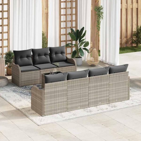 ARDEBO.de - 8-teiliges Garten Sofa Set mit Kissen in Hellgrau Poly Rattan, 2-Sitzer Garten Sofa mit Kissen in Hellgrau Poly Rattan