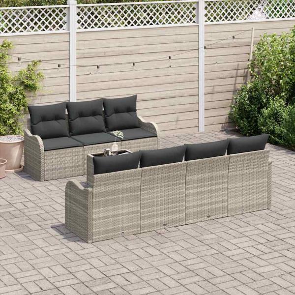 8-teiliges Garten Sofa Set mit Kissen in Hellgrau Poly Rattan, 2-Sitzer Garten Sofa mit Kissen in Hellgrau Poly Rattan