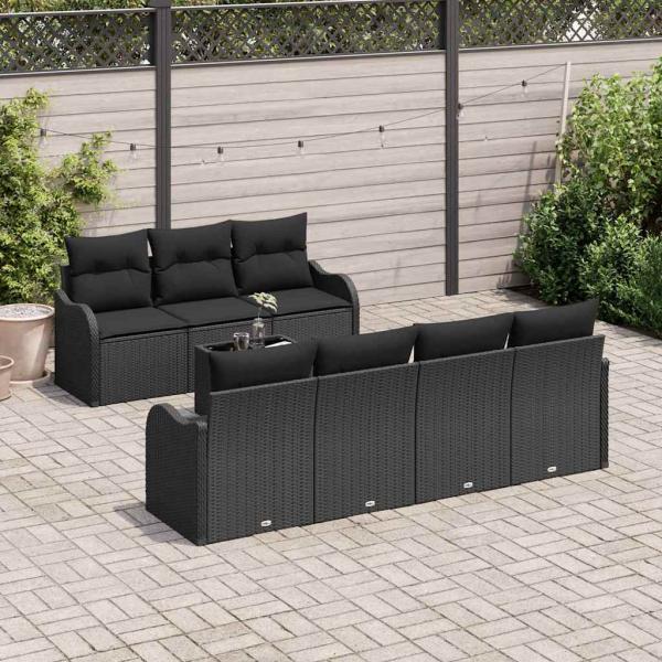8-teiliges Garten Sofa Set mit Kissen schwarzes Poly Rattan, 2-Sitzer Garten Sofa mit Kissen schwarzes Poly Rattan