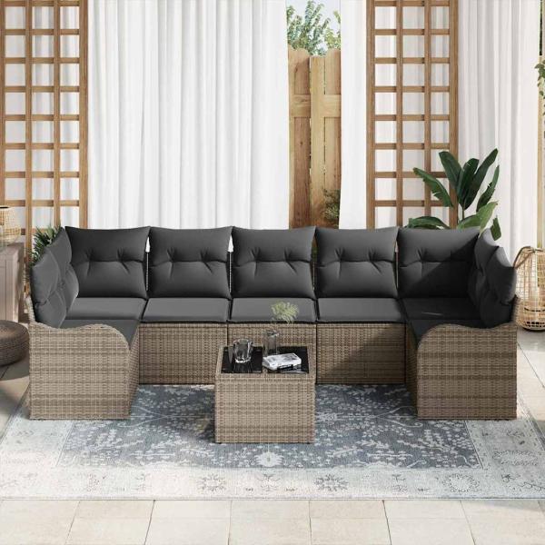 8-teiliges Garten Sofa Set mit Kissen Grau Poly Rattan, 2-Sitzer Garten Sofa mit Kissen Grau Poly Rattan