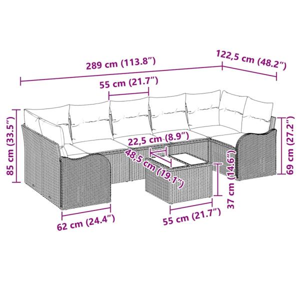 8-teiliges Garten Sofa Set mit Kissen Grau Poly Rattan, 2-Sitzer Garten Sofa mit Kissen Grau Poly Rattan