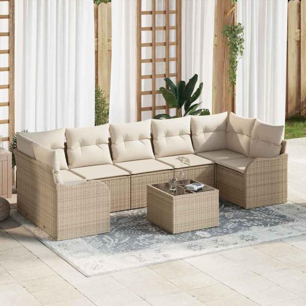 ARDEBO.de - 8-teiliges Garten-Sofa Set mit Kissen Beige Poly Rattan, 2-Sitzer Garten-Sofa mit Kissen Beige Poly Rattan