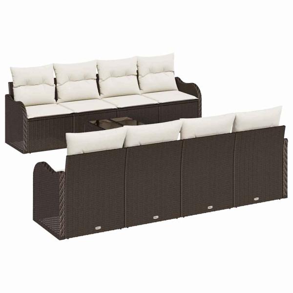 9-teiliges Garten Sofa Set mit Kissen Braun Poly Rattan, 2-Sitzer Garten Sofa mit Kissen Braun Poly Rattan