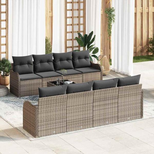 ARDEBO.de - 9 Piece Garten Sofa Set mit Kissen Grau Poly Rattan, 2-Sitzer Garten Sofa mit Kissen Grau Poly Rattan