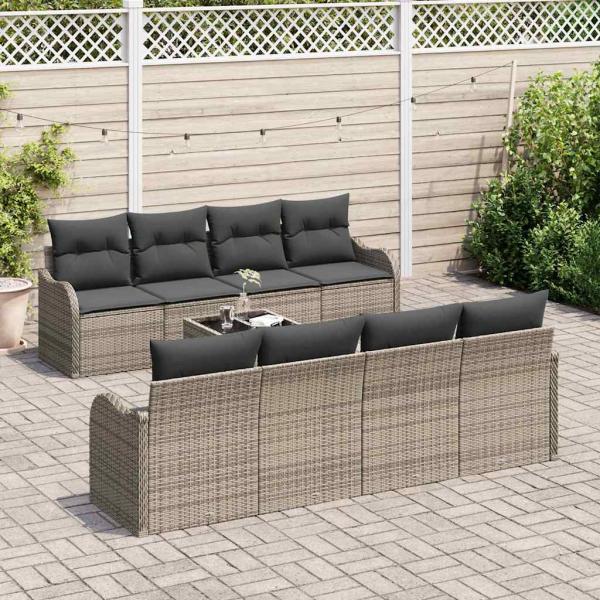 9 Piece Garten Sofa Set mit Kissen Grau Poly Rattan, 2-Sitzer Garten Sofa mit Kissen Grau Poly Rattan
