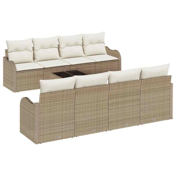 9-teiliges Garten-Sofa-Set mit Kissen Beige Poly Rattan, 2-Sitzer Garten-Sofa mit Kissen Beige Poly Rattan