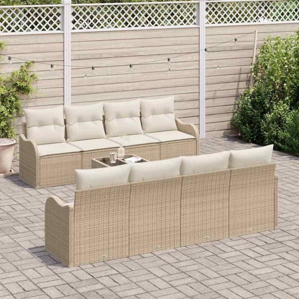 9-teiliges Garten-Sofa-Set mit Kissen Beige Poly Rattan, 2-Sitzer Garten-Sofa mit Kissen Beige Poly Rattan
