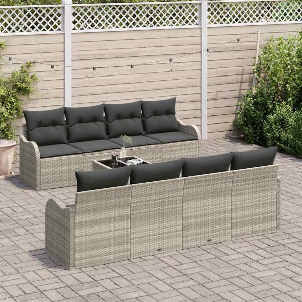 9-teiliges Garten Sofaset mit Kissen Hellgrau Poly Rattan, 2-Sitzer Garten Sofa mit Kissen Hellgrau Poly Rattan