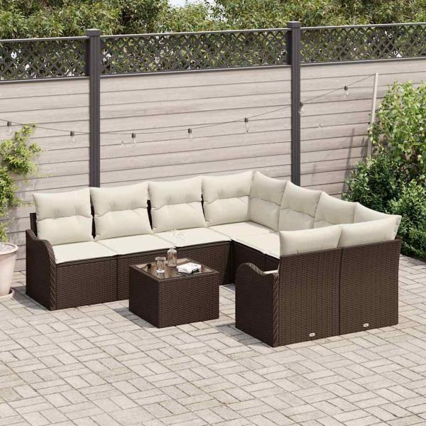 9-teiliges Garten-Sofa-Set mit Kissen Braunes Poly Rattan, 2-Sitzer Garten-Sofa mit Kissen Braunes Poly Rattan