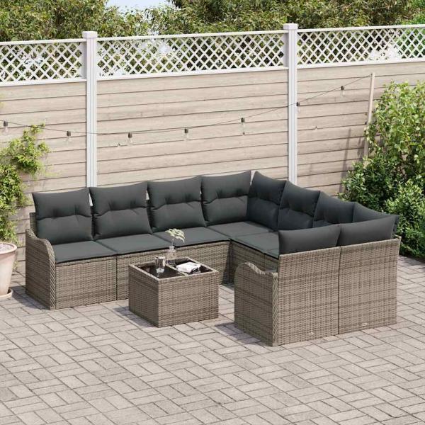 9-teiliges Garten Sofaset mit Kissen Grau Poly Rattan, 2-Sitzer Garten Sofa mit Kissen Grau Poly Rattan