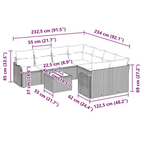 9-teiliges Garten Sofaset mit Kissen Grau Poly Rattan, 2-Sitzer Garten Sofa mit Kissen Grau Poly Rattan