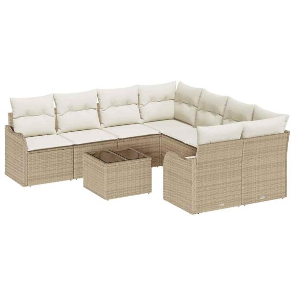9-teilige Garten-Sofa-Garnitur mit Kissen Beige Poly Rattan, 2-Sitzer Garten-Sofa mit Kissen Beige Poly Rattan