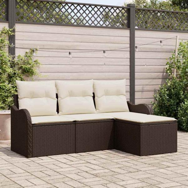 ARDEBO.de - 4-teiliges Garten Sofa Set mit Kissen Braun Poly Rattan, 2-Sitzer Garten Sofa mit Kissen Braun Poly Rattan