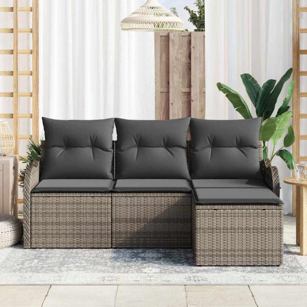4-teiliges Garten Sofa Set mit Kissen Grau Poly Rattan, 2-Sitzer Garten Sofa mit Kissen Grau Poly Rattan