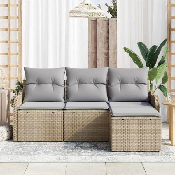 4-teiliges Garten Sofa Set mit Kissen Beige Poly-Rattan, 2-Sitzer Garten Sofa mit Kissen Beige Poly-Rattan