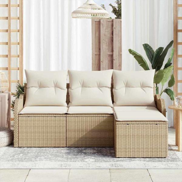 4-teiliges Garten-Sofa-Set mit Kissen Beige Poly Rattan, 2-Sitzer Garten-Sofa mit Kissen Beige Poly Rattan