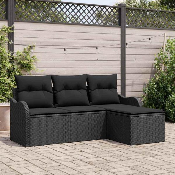 ARDEBO.de - 4-teiliges Garten-Sofaset mit Kissen Schwarz Poly-Rattan, 2-Sitzer Garten-Sofa mit Kissen Schwarz Poly-Rattan