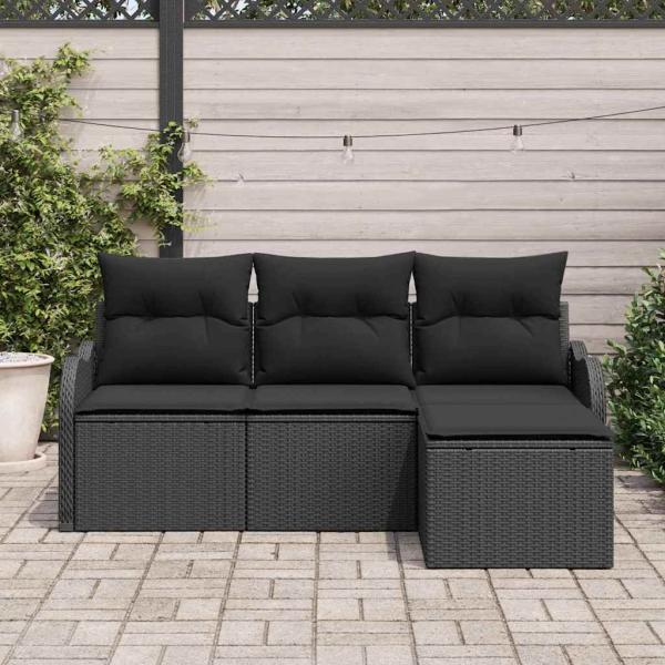 4-teiliges Garten-Sofaset mit Kissen Schwarz Poly-Rattan, 2-Sitzer Garten-Sofa mit Kissen Schwarz Poly-Rattan