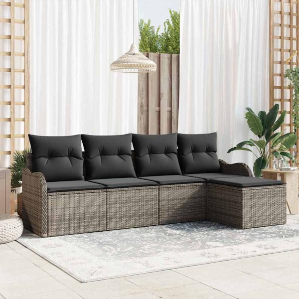 ARDEBO.de - 5-teiliges Garten Sofa Set mit Kissen Grau Poly Rattan, 2-Sitzer Garten Sofa mit Kissen Grau Poly Rattan