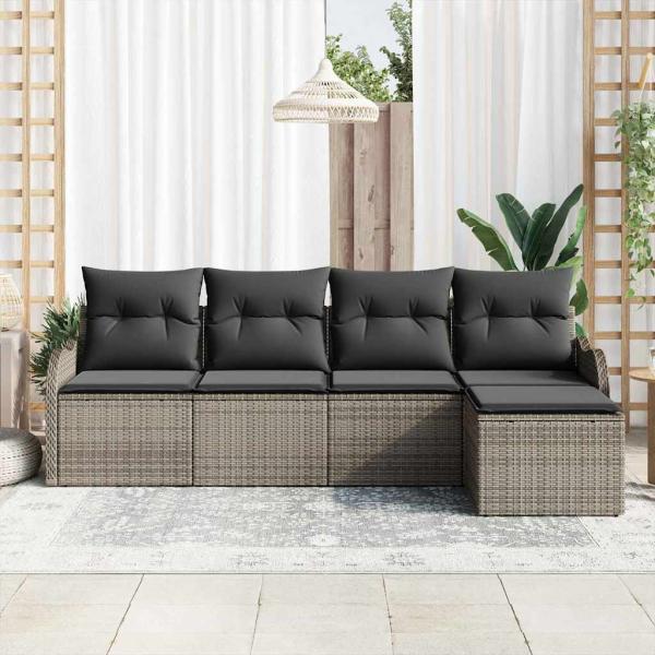 5-teiliges Garten Sofa Set mit Kissen Grau Poly Rattan, 2-Sitzer Garten Sofa mit Kissen Grau Poly Rattan