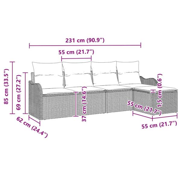 5-teiliges Garten Sofa Set mit Kissen Grau Poly Rattan, 2-Sitzer Garten Sofa mit Kissen Grau Poly Rattan