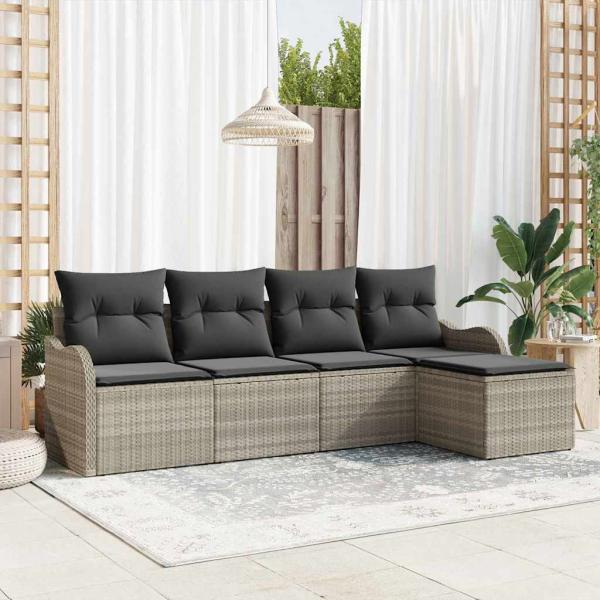 ARDEBO.de - 5-teiliges Garten Sofa Set mit Kissen Hellgrau Poly Rattan, 2-Sitzer Garten Sofa mit Kissen Hellgrau Poly Rattan