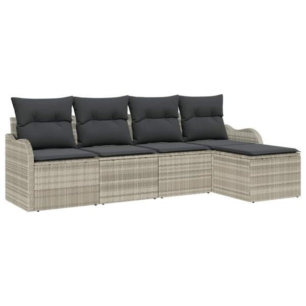 5-teiliges Garten Sofa Set mit Kissen Hellgrau Poly Rattan, 2-Sitzer Garten Sofa mit Kissen Hellgrau Poly Rattan