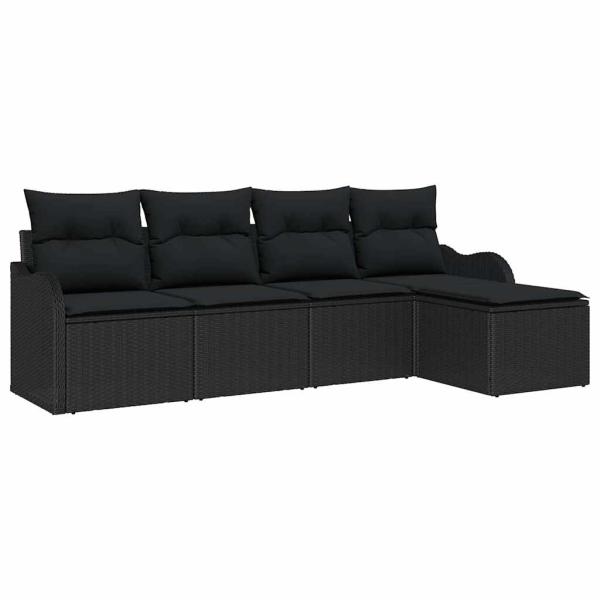 5-teiliges Garten-Sofa-Set mit Kissen Schwarz Poly-Rattan, 2-Sitzer Garten-Sofa mit Kissen Schwarz Poly-Rattan