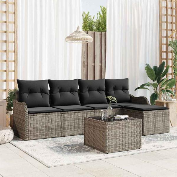 ARDEBO.de - 5-teilige Garten Sofagarnitur mit Kissen Schwarz Poly Rattan, 2-Sitzer Garten Sofa mit Kissen Grau Poly Rattan