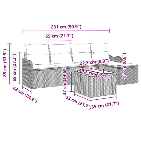 6-teiliges Garten Sofa Set mit Kissen Braunes Poly Rattan, 2-Sitzer Garten Sofa mit Kissen Beige Poly Rattan
