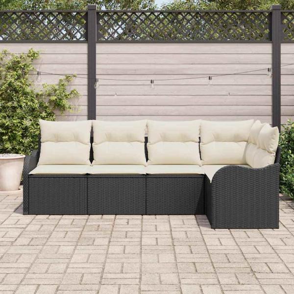 5-teiliges Garten Sofaset mit Kissen Schwarz Poly Rattan, 2-Sitzer Garten Sofa mit Kissen Schwarz Poly Rattan