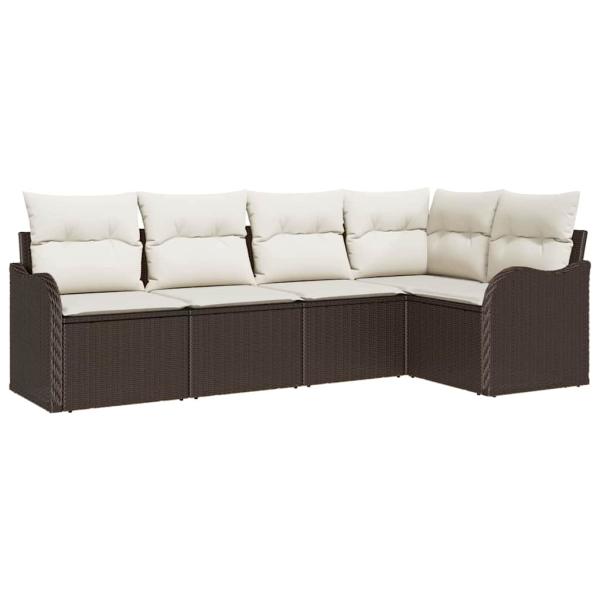 5-teiliges Garten-Sofa-Set mit Kissen in Braun Poly-Rattan, 2-Sitzer Garten-Sofa mit Kissen in Braun Poly-Rattan
