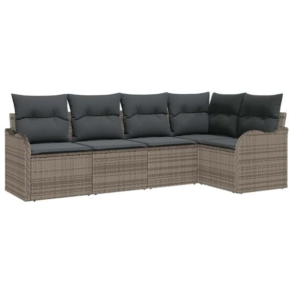 5-teiliges Garten-Sofa-Set mit Kissen Graues Poly-Rattan, 2-Sitzer Garten-Sofa mit Kissen Graues Poly-Rattan