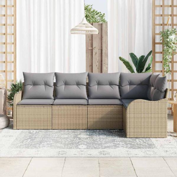 5-teilige Garten Sofagarnitur mit Kissen Beige Poly Rattan, 2-Sitzer Garten Sofa mit Kissen Beige Poly Rattan