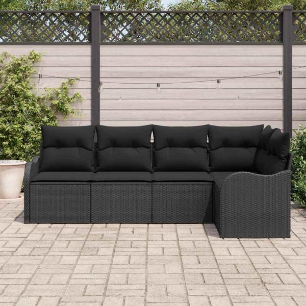 5-teiliges Garten-Sofa-Set mit Kissen Schwarz Poly-Rattan, 2-Sitzer Garten-Sofa mit Kissen Schwarz Poly-Rattan
