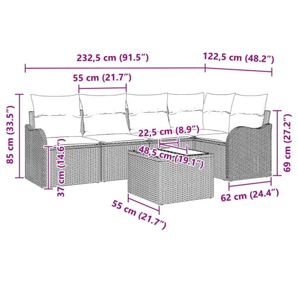 5-teiliges Garten Sofaset mit Kissen schwarzes Poly Rattan, 2-Sitzer Garten Sofa mit Kissen graues Poly Rattan